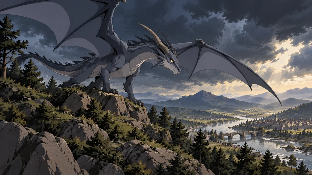 A majestic gray dragon spreads its wings above a vast fantasy kingdom.