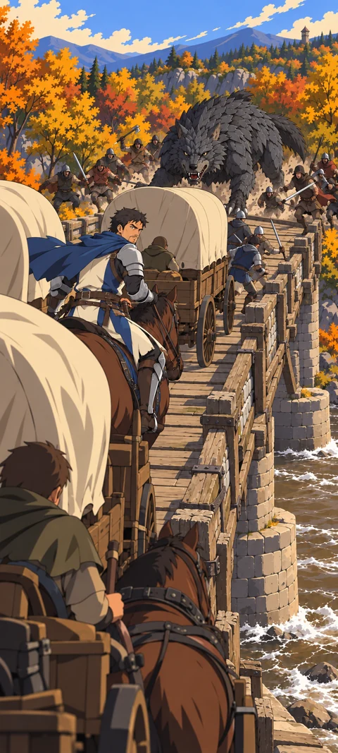A knight accompanies a wagon caravan across a stone bridge as danger approaches.